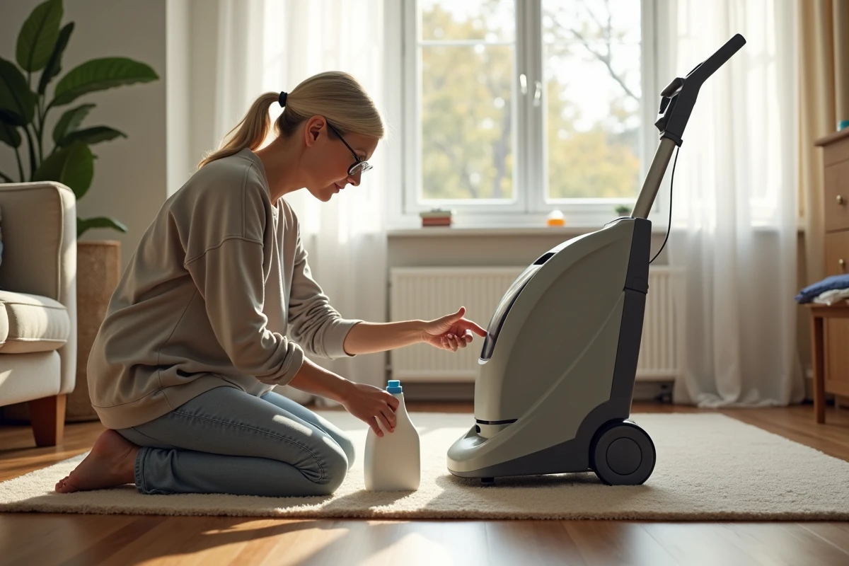 Femme tenant une bouteille de lessive devant une shampouineuse de tapis dans un salon domestique