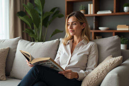 Femme en salon moderne lisant un magazine