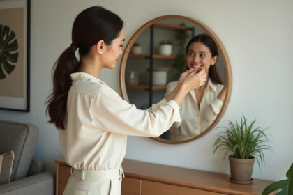 Femme élégante ajustant un grand miroir rond dans un salon moderne