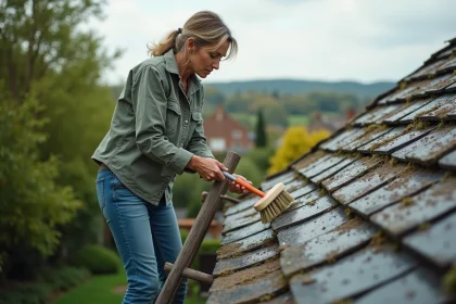 Femme en extérieur nettoyant des tuiles d'ardoise avec brosse