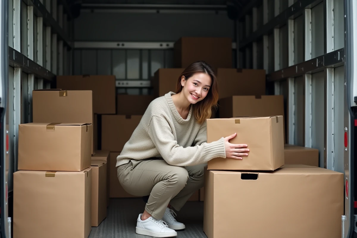 Jeune femme empilant des cartons dans un camion de déménagement