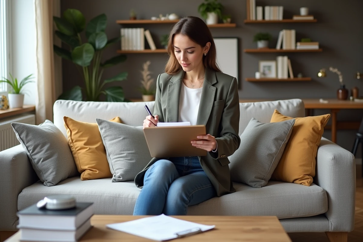 Jeune femme organisée dans un salon moderne avec checklist