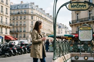 Femme en trench et jeans à Paris devant une station de métro