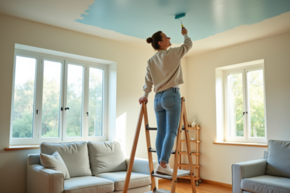 Femme peignant le plafond dans un salon lumineux