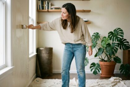 Femme appliquant de la peinture écologique sur un mur intérieur