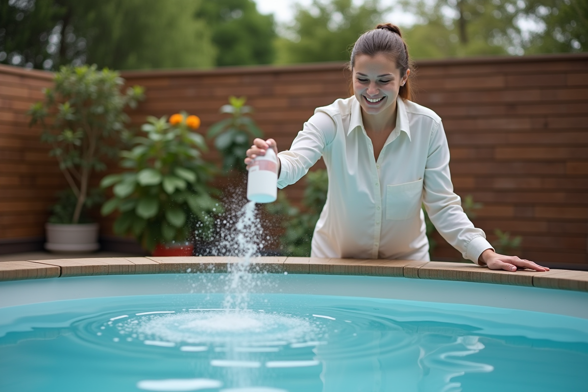 Femme versant bicarbonate dans une piscine hors sol dans le jardin