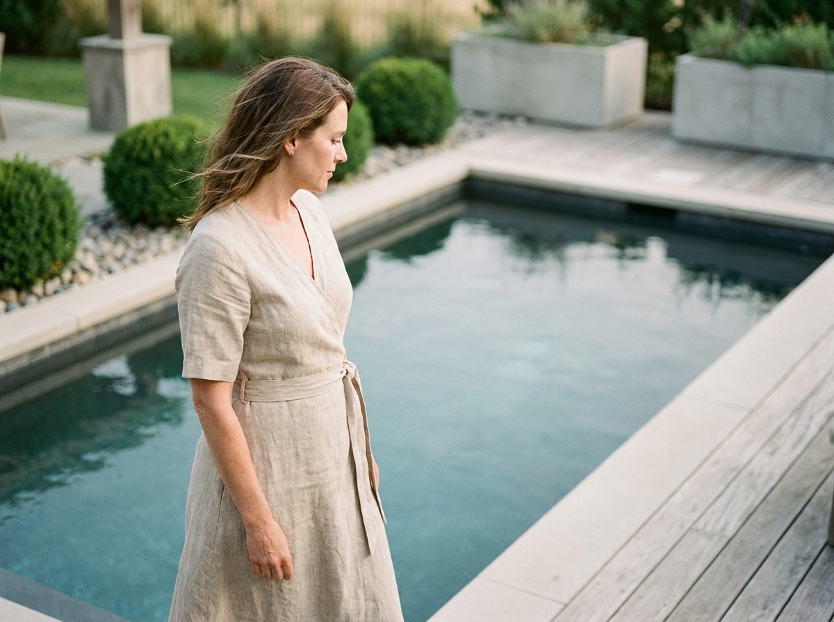Femme admirant une piscine enterrée rectangulaire dans un jardin contemporain avec terrasse en bois