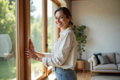 Femme souriante touchant un cadre en bois de chêne dans un salon moderne