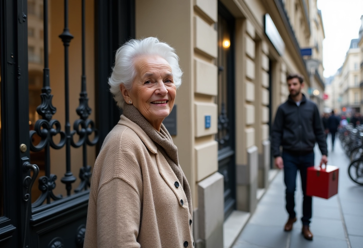 Une femme âgée accueille un serrurier dans une rue parisienne