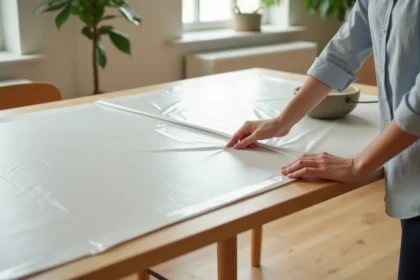 Femme en blouse bleue ajuste une housse de table en plastique