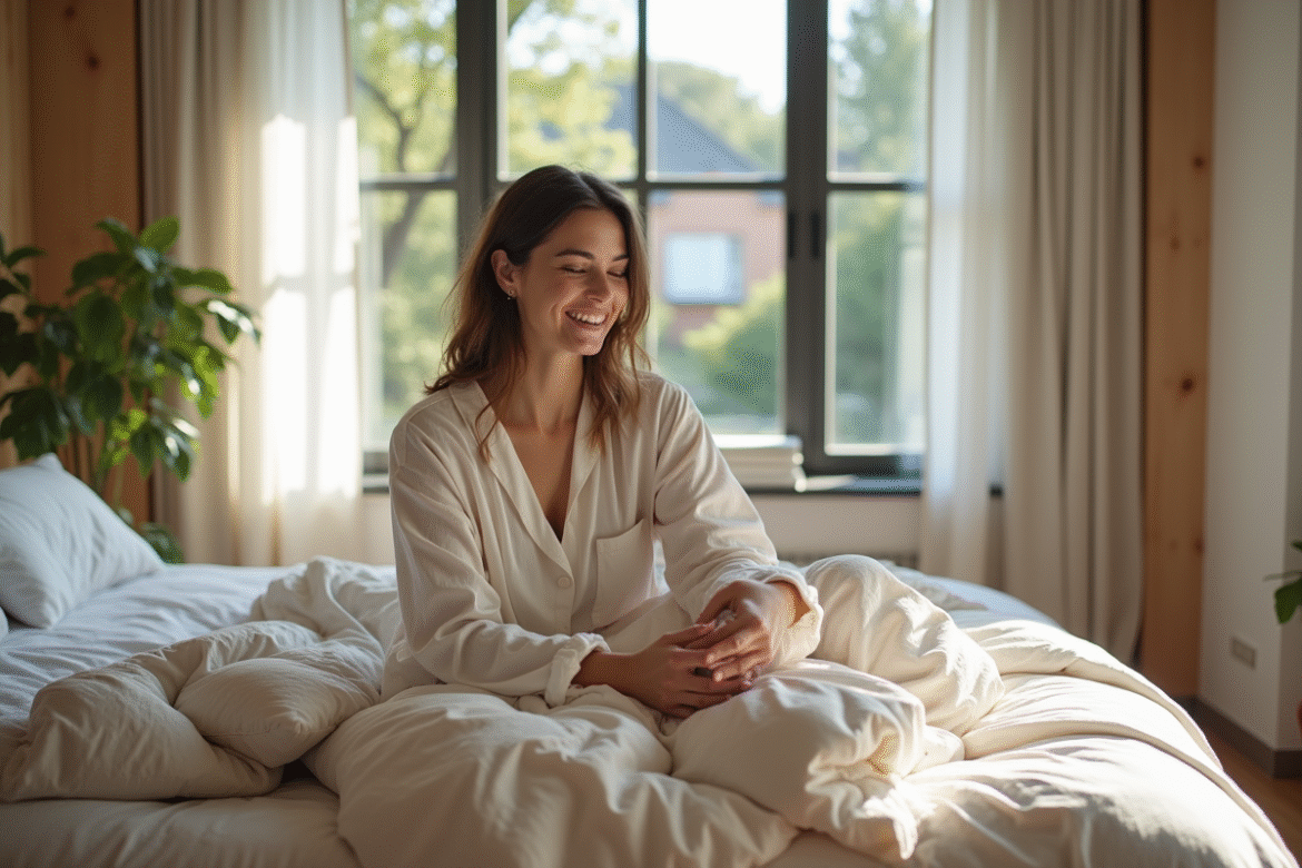 Femme en pyjamas confortables dans une chambre lumineuse