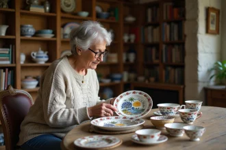 Femme examinant une assiette en faience de Quimper dans un salon chaleureux