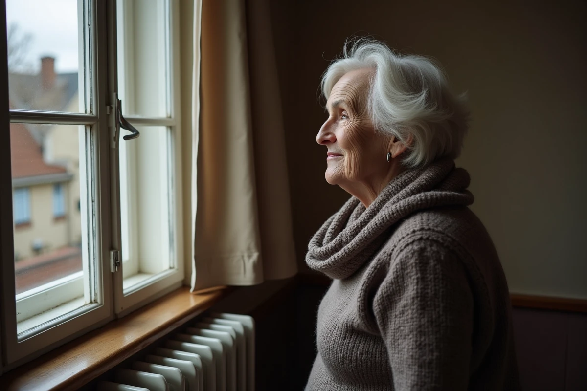 Femme âgée regardant par la fenêtre dans une maison chaleureuse