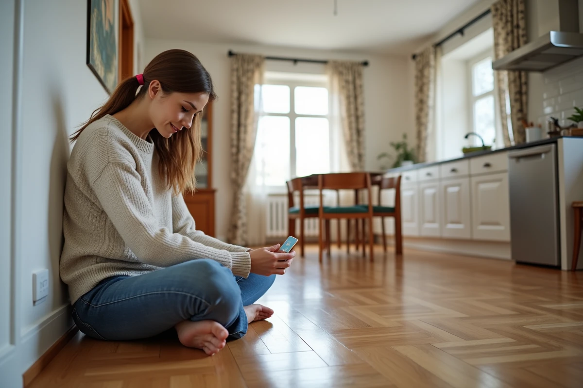 Femme ajustant un thermostat sur un parquet brillant