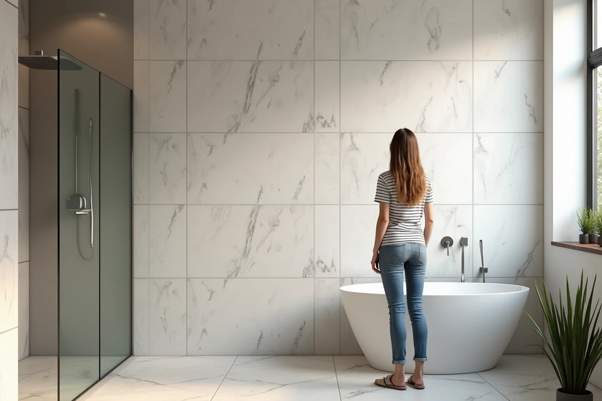 Jeune femme admirant le carrelage dans sa salle de bain
