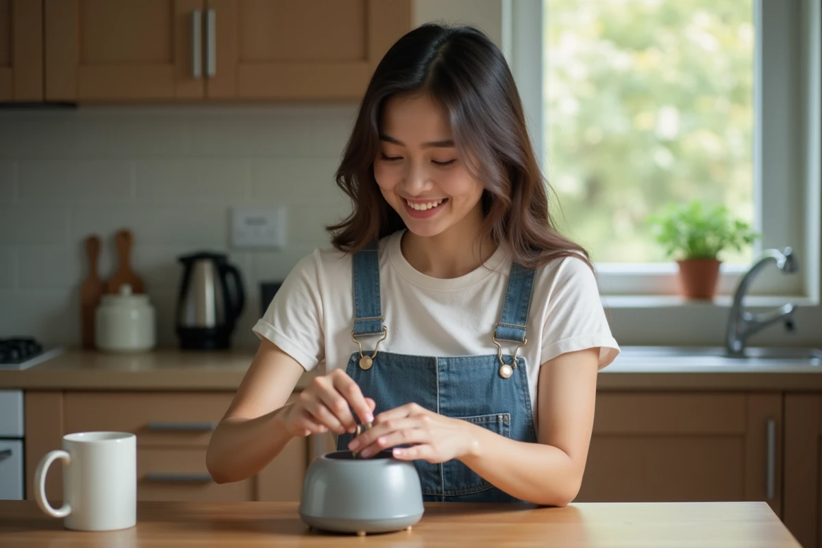 Jeune femme réparant un petit appareil à la maison