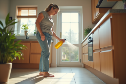 Femme appliquant un repellant naturel dans sa cuisine lumineuse