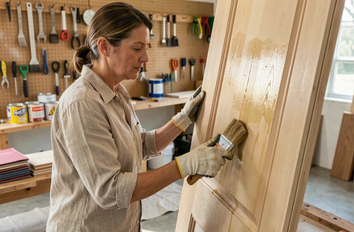 Femme appliquant une huile protectrice sur une porte en bois restaurée dans un atelier de garage