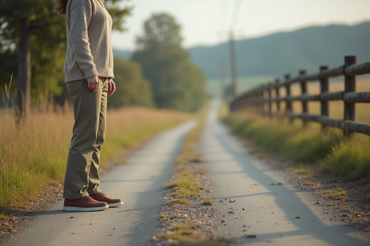 Femme âgée pointant une route goudronnée ancienne