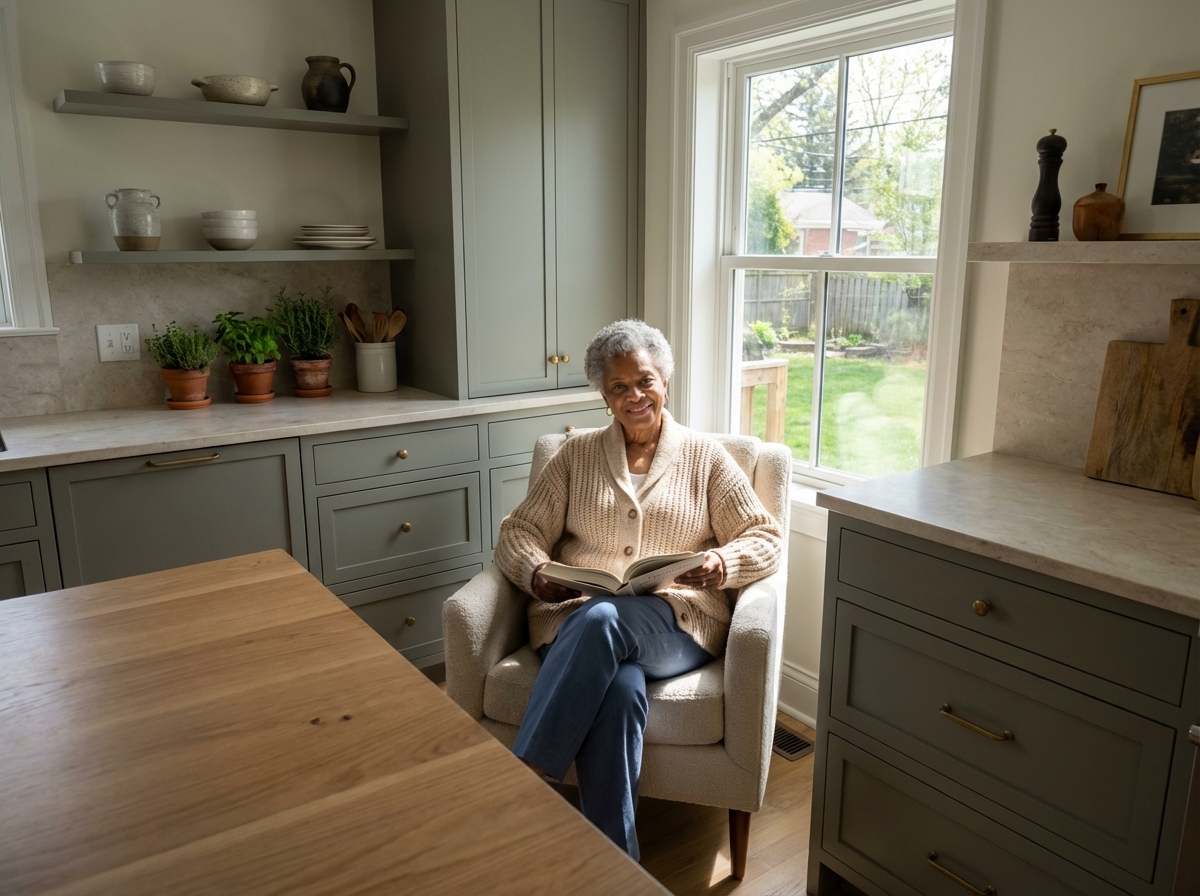 Femme senior lisant dans une cuisine moderne et lumineuse