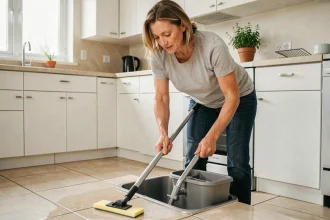 Femme utilisant une serpillière essoreuse à seau sur carrelage de cuisine moderne