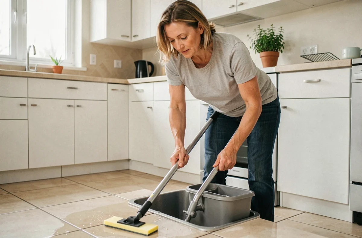 Femme utilisant une serpillière essoreuse à seau sur carrelage de cuisine moderne