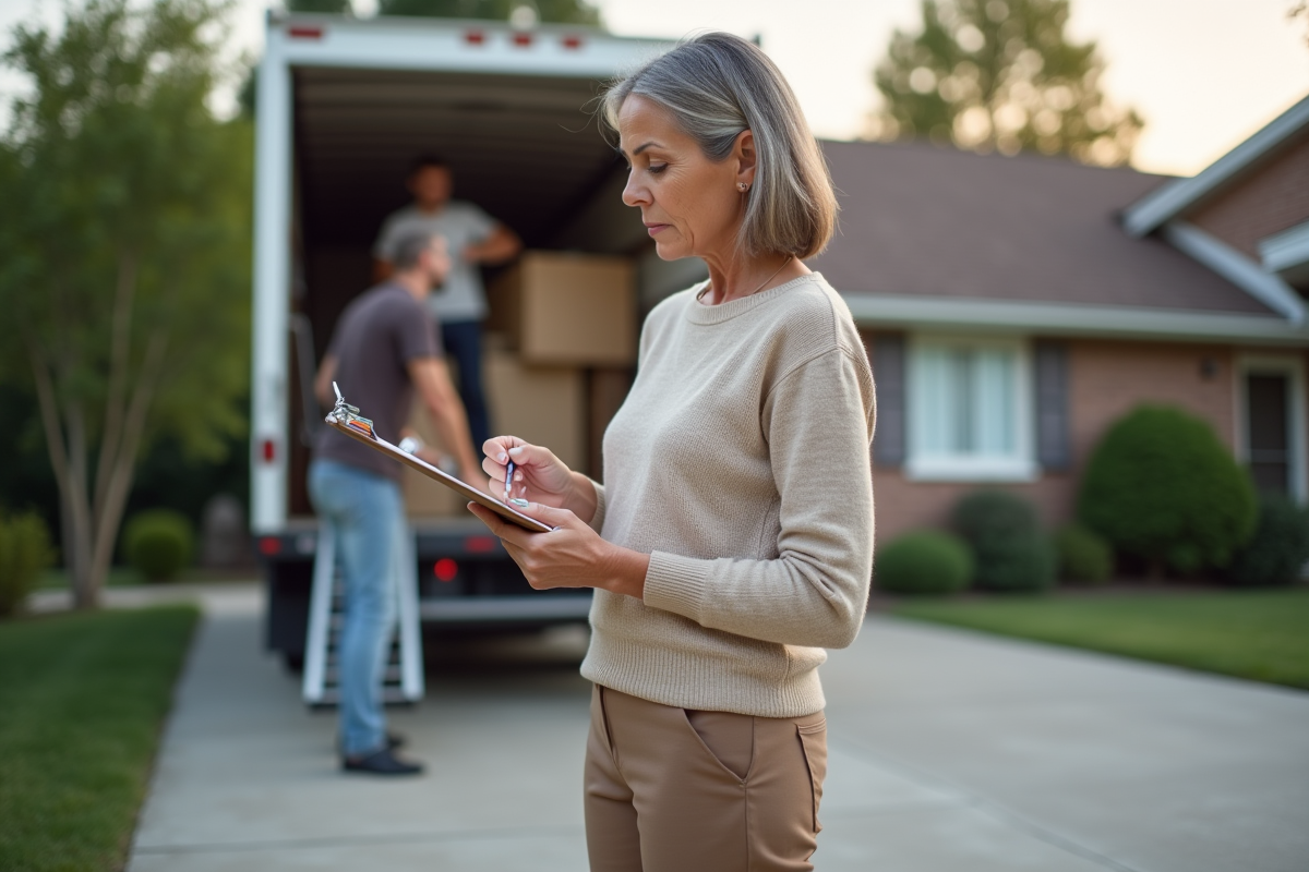 Femme supervisant des déménageurs devant une maison