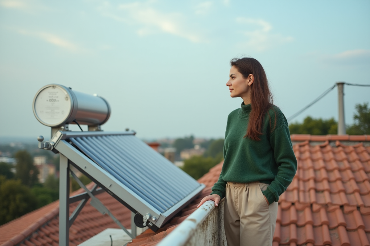 Jeune femme sur un toit avec panneaux solaires et chauffe-eau solaire