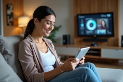 Femme souriante utilisant une tablette pour contrôler la maison