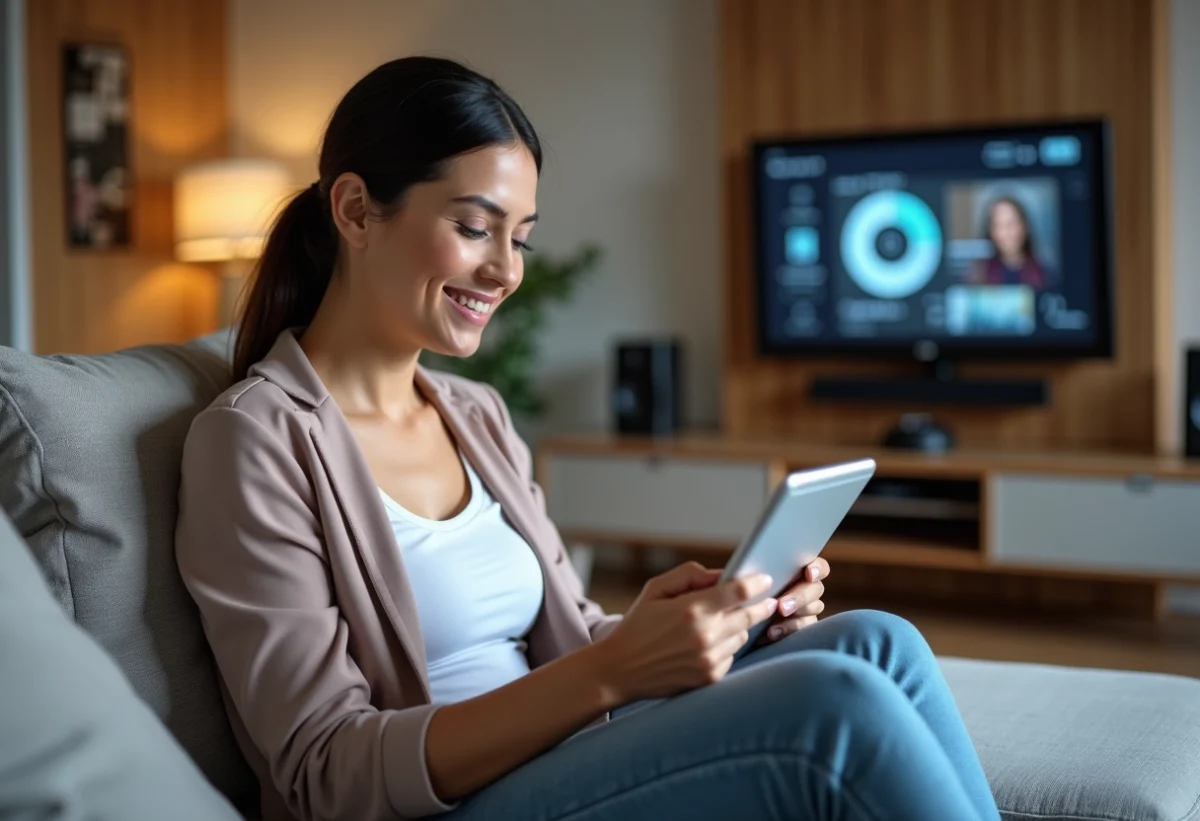 Femme souriante utilisant une tablette pour contrôler la maison