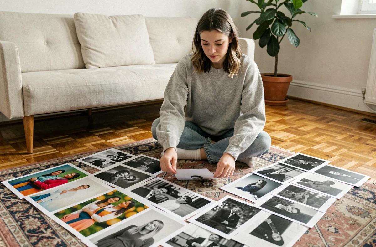 Jeune femme triant des photos en couleur et en noir et blanc sur le parquet de son salon