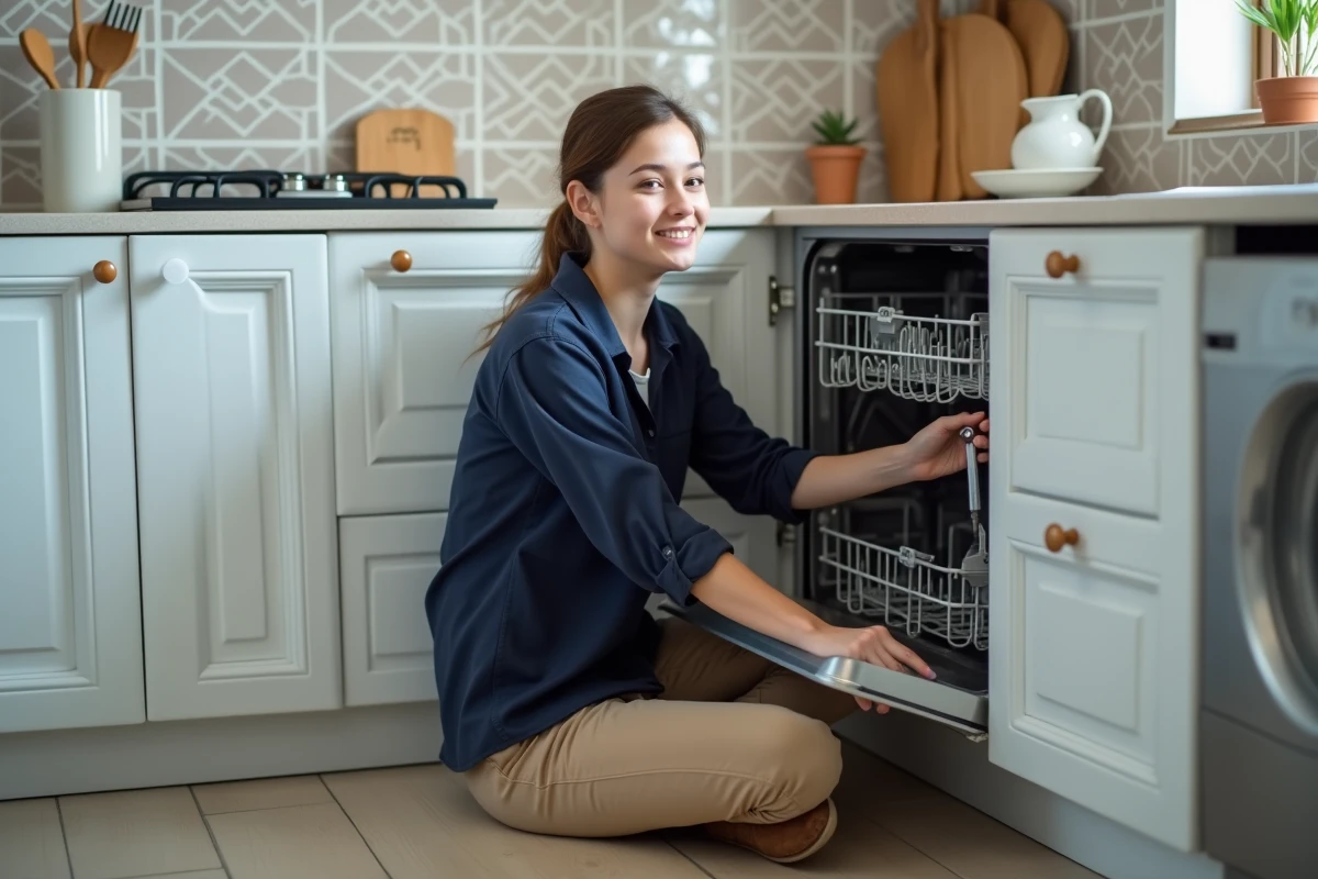 Femme inspectant la connexion du lave-vaisselle avec une clé