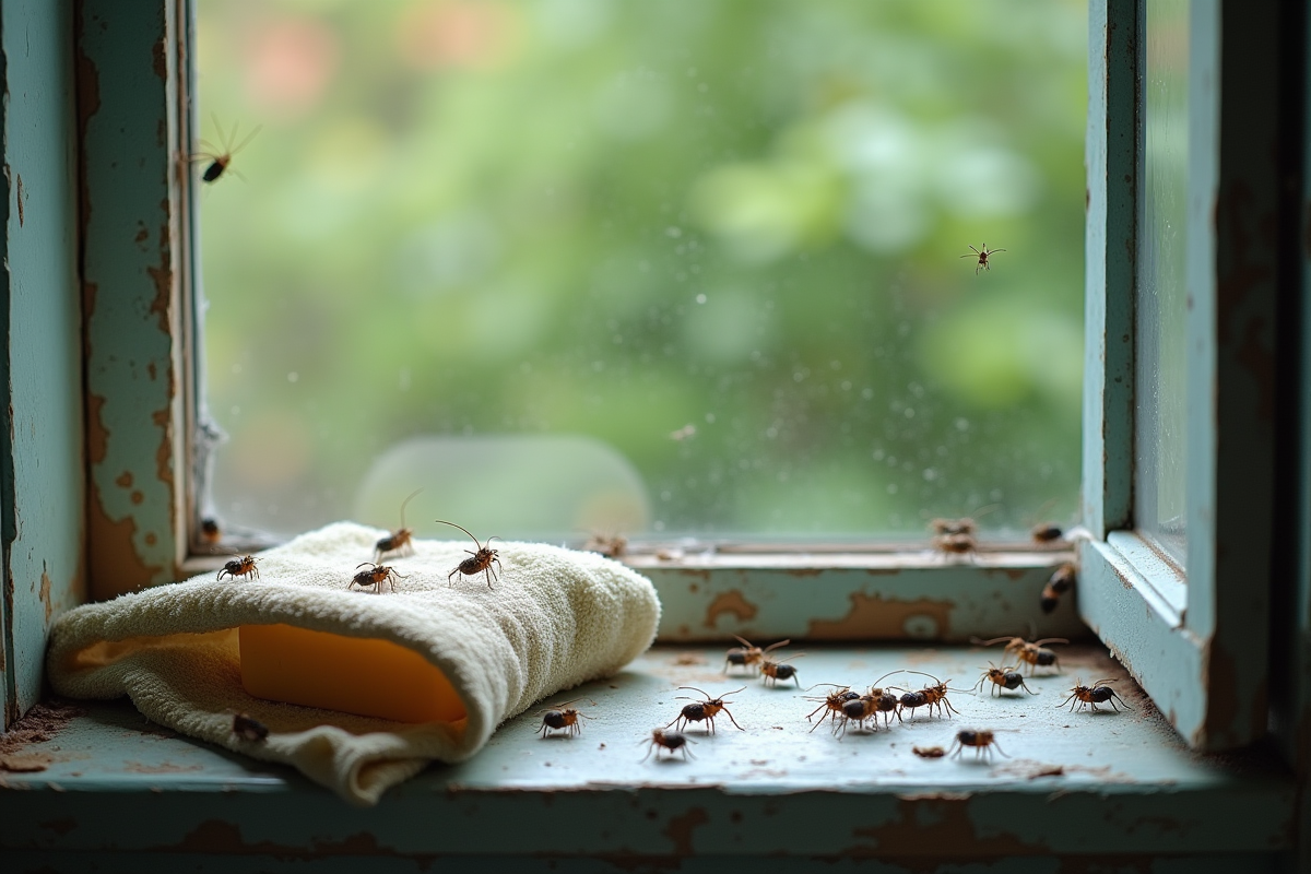Fenêtre de salle de bain avec insectes et objets quotidiens