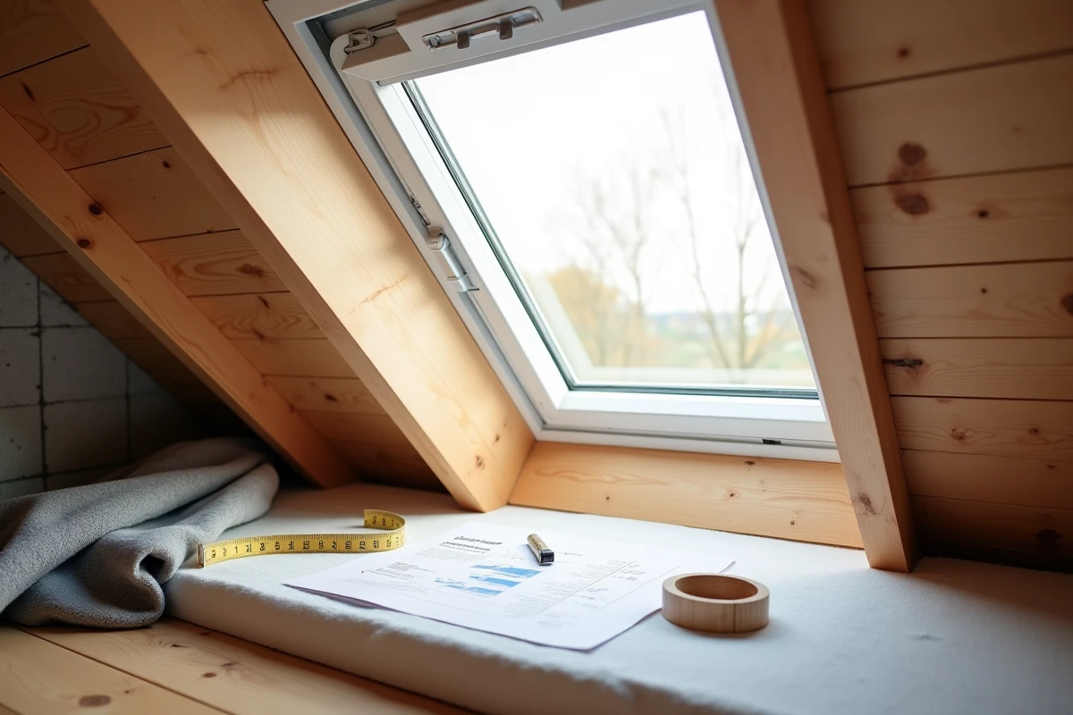Fenêtre de toit installée dans un comble aménagé avec prise de mesure du cadre et notice technique