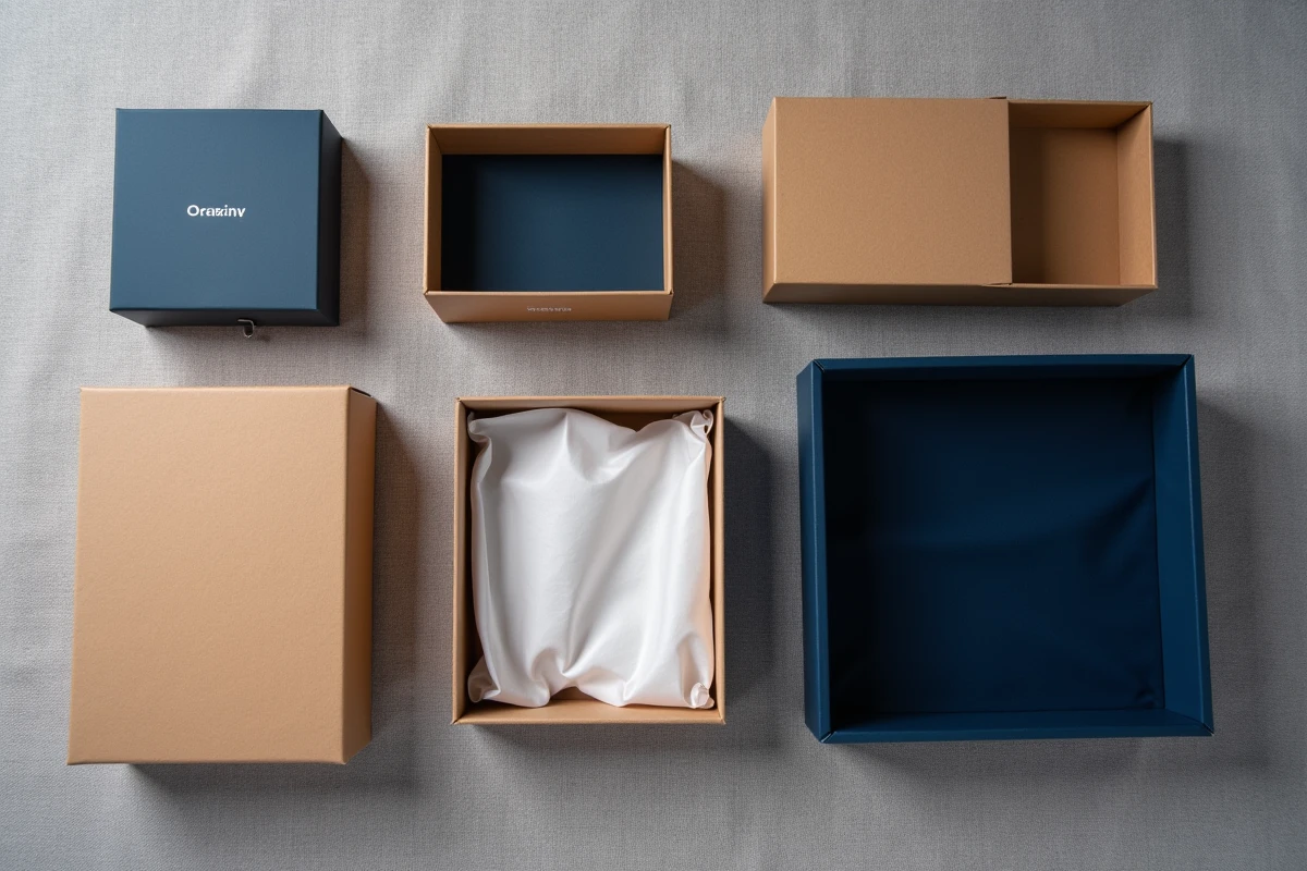 Vue en plat pose de plusieurs boîtes à cadeaux vides de différents styles et matériaux sur fond de lin gris texturé
