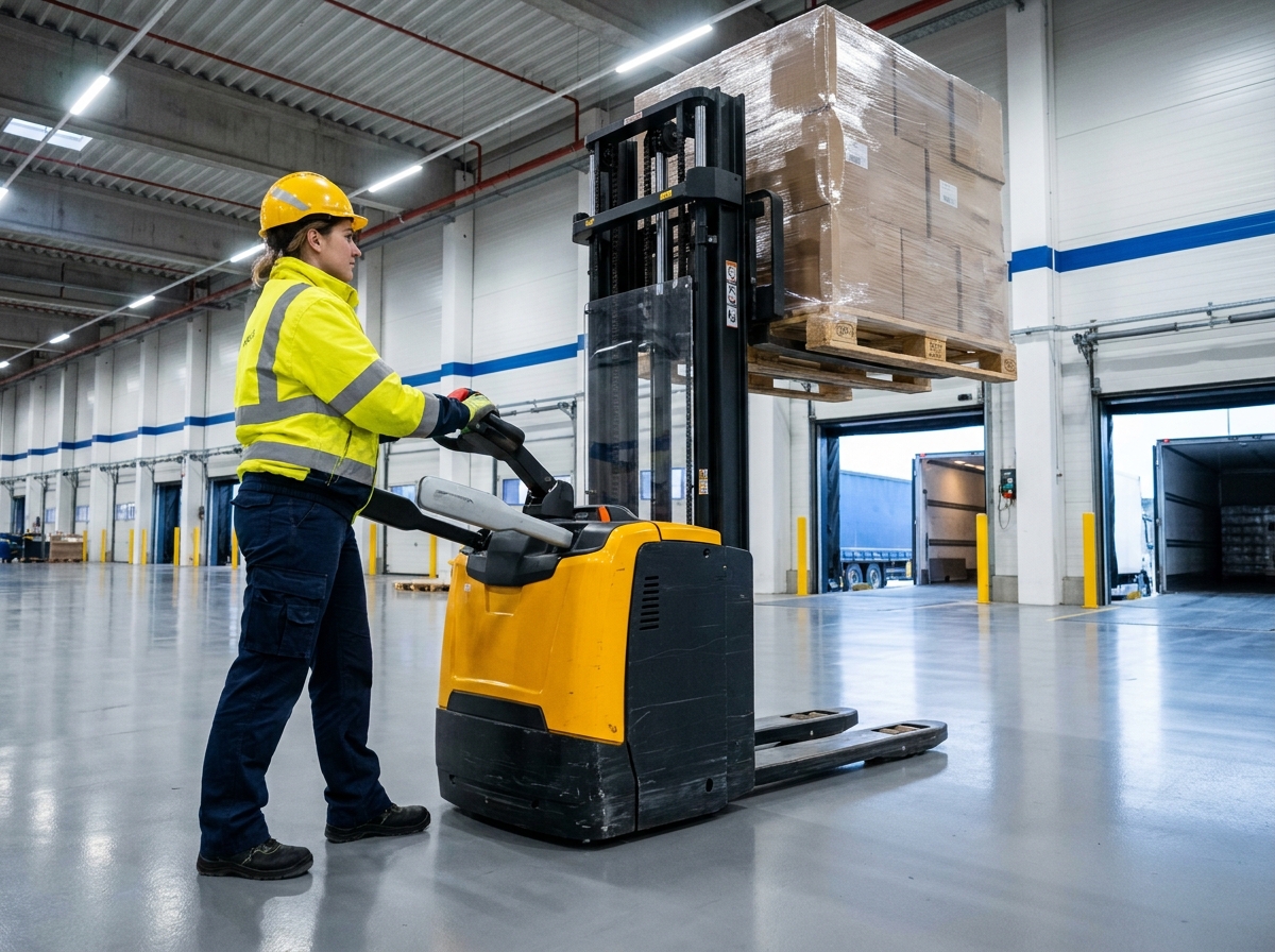Femme technicienne en logistique utilisant un gerbeur électrique pour lever une palette dans un centre de distribution moderne