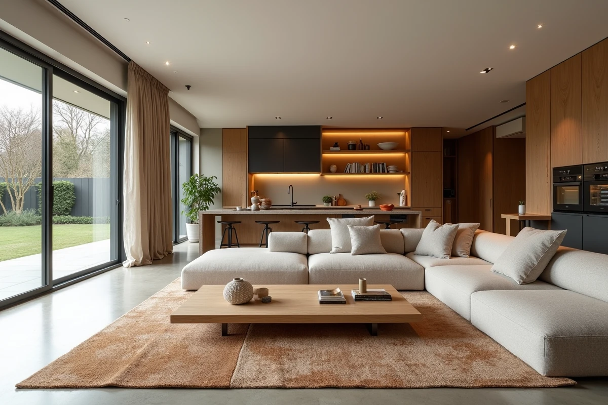 Grande pièce de vie ouverte d'une maison plain-pied avec salon salle à manger et cuisine moderne