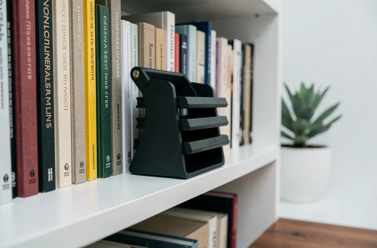 Gros plan d'un Book Stacker noir mat installé entre des rangées de livres sur une étagère blanche moderne