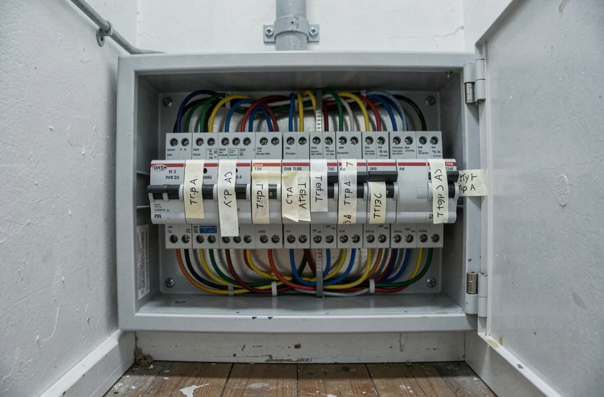 Gros plan sur un tableau électrique de rénovation montrant des disjoncteurs de type A et AC mélangés