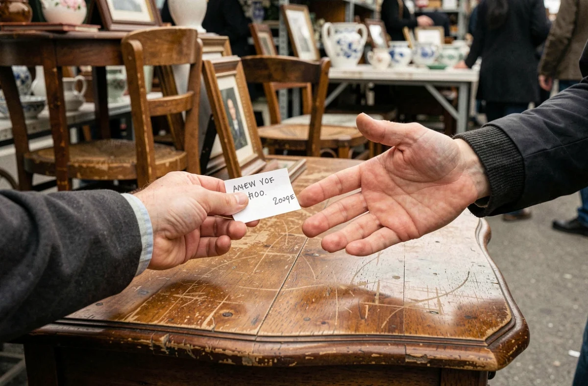 Gros plan sur les mains d'un acheteur et d'un vendeur négociant le prix d'un meuble en bois ancien à la brocante