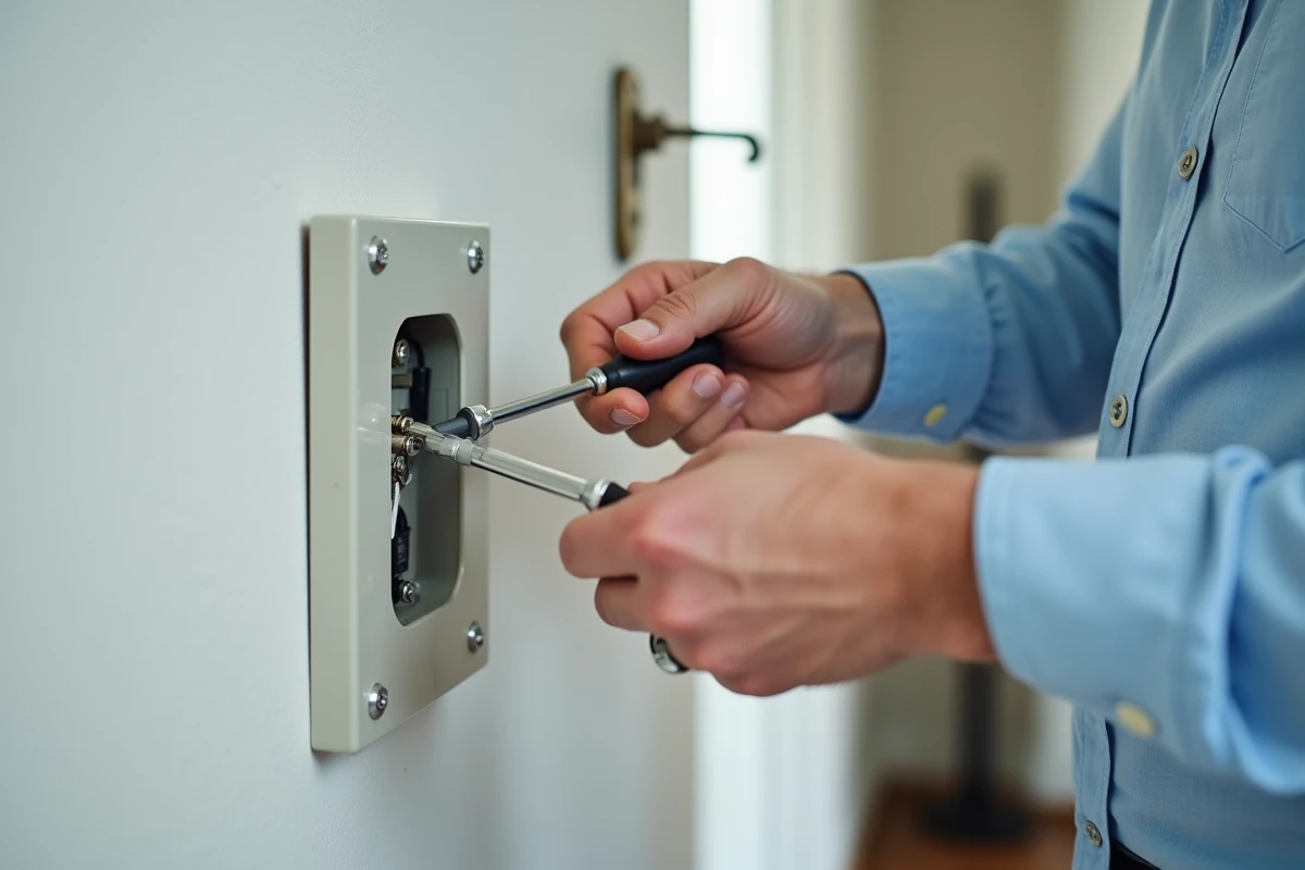 Gros plan de mains ouvrant un boîtier de prise téléphonique murale avec un tournevis