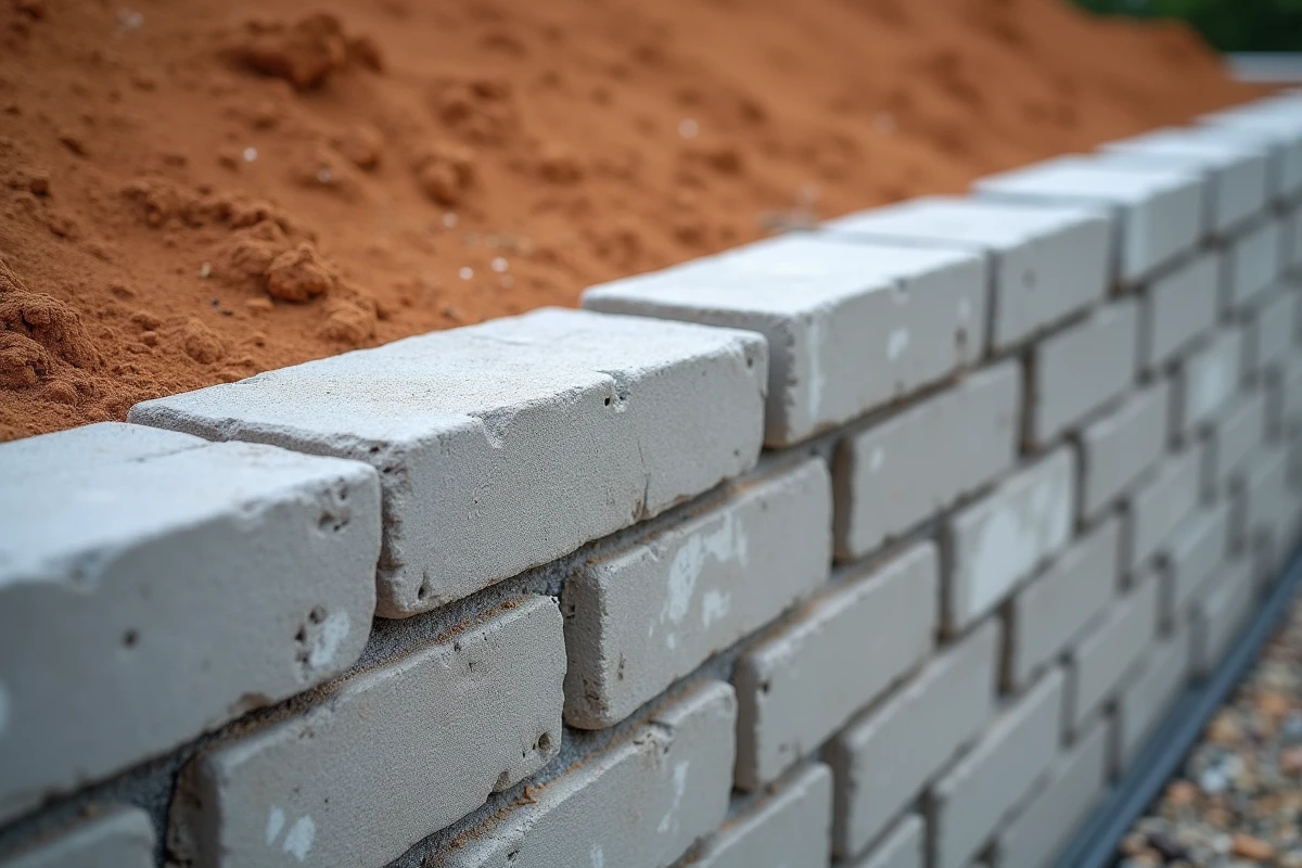Gros plan sur les parpaings 20 d'un mur de soutènement avec joints de mortier et drainage en gravier