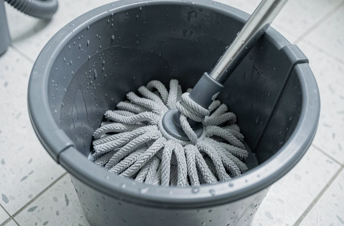 Gros plan sur la tête en microfibre d'une serpillière essoreuse centrifuge dans son seau