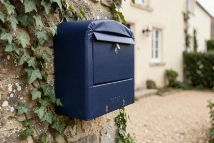 Boîte aux lettres habillée d'un vinyle bleu marine avec texture lin, fixée sur un mur en pierre dans un jardin