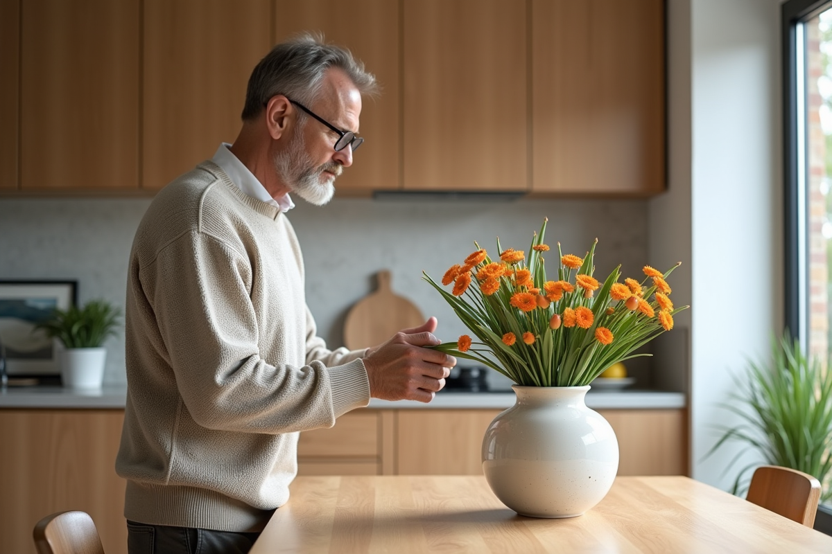 Homme arrangeant des fleurs dans la cuisine lumineuse