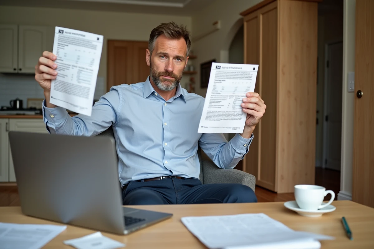 Homme réfléchissant avec documents fiscaux et meubles assemblés