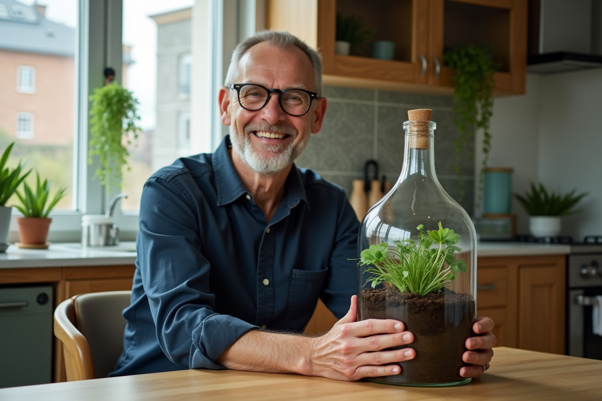 Homme souriant tenant un jardin en bouteille dans la cuisine