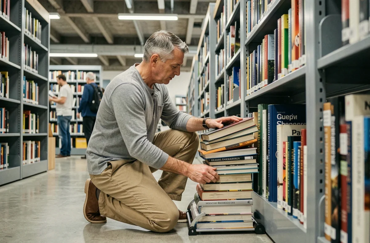 Homme utilisant un Book Stacker dans une bibliothèque publique pour organiser des livres de référence sur des étagères métalliques