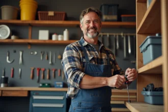 Homme en chemise à carreaux dans un garage organisé