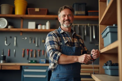 Homme en chemise à carreaux dans un garage organisé